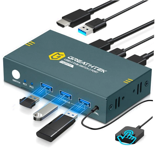 GREATHTEK USB3.0 KVM Switch 2 Port HDMI, 4K@60Hz KVM Switch 1 Monitors 2 Computers with 3 USB3.0 Ports, HDMI KVM Switches for 2 PCs Share 1 Monitors and USB Devices, Support Button Switch, EDID