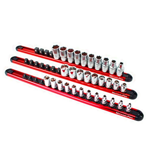 MichaelPro 3-Piece Aluminum Socket Organizer Rail Set- 1/4-inch, 3/8-Inch, and 1/2-Inch Drive Tool Socket Organizers Hold 46 Sockets, Heavy Duty Socket Storage | MP014001