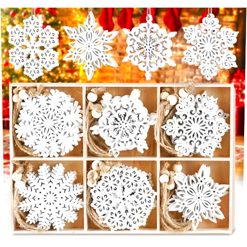 HOUISM HOUÍSM 30pcs Wooden Snowflakes Ornaments, Christmas White Snowflake Ornaments for Christmas Tree Decorations, Wood DIY Crafts for Christmas Hanging Decorations