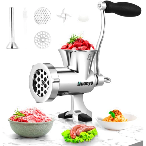 Huanyu Meat Grinder Manual Stainless Steel Compact Meat Mincer Sausage Stuffer Hand-Cranked Meat Grinding Machine Household for Chicken Bone Beef Chili M8