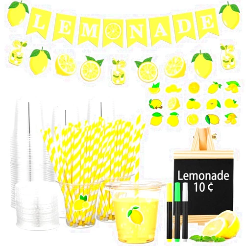 THE KING HIS QUEEN Lemonade Stand Supplies 50 Pcs Lemonade Cups with Lids and Straws, 2 Pcs Lemonade Banners, Wooden Blackboard and Lemon Stickers for Summer Lemon Birthday Baby Shower Party Decor