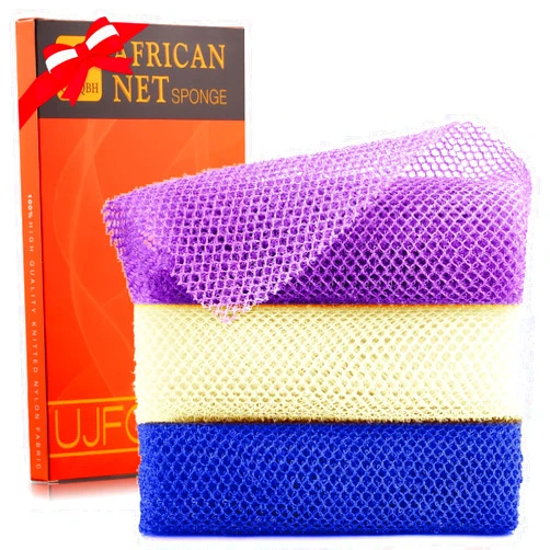 UJFQBH 3 Pieces African Bath Sponge African Net Long Net Bath Sponge Exfoliating Shower Body Scrubber Back Scrubber Skin Smoother,Great for Daily Use (Purple,Blue,Off-White)