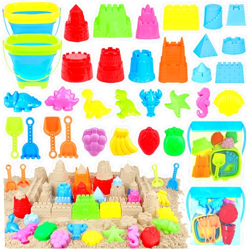 RACPNEL Collapsible Beach Toys Set for Kids Toddlers, Travel Sand Castle Toys for Beach with Mesh Bag & Sand Molds, Collapsible Sand Bucket and Shovel Set for Kids, Sandbox Toys for Toddlers Kids Age 3-12