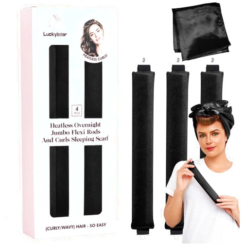 Luckybear Heatless Hair Curler Jumbo Set, Overnight Rods for No Heat Curls - Velvet Satin Flexi Rods Sleep in Curlers Blowout, Hair Styling Accessories with Silk Scarf 4pcs Black