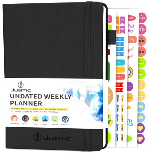 JUBTIC Undated Planner Weekly and Monthly Productivity Daily Planners Agenda Calendar to Do List Notebook A5 Organization Journal with Stickers Appointment Book for Time Management 2024-2025 (Black)