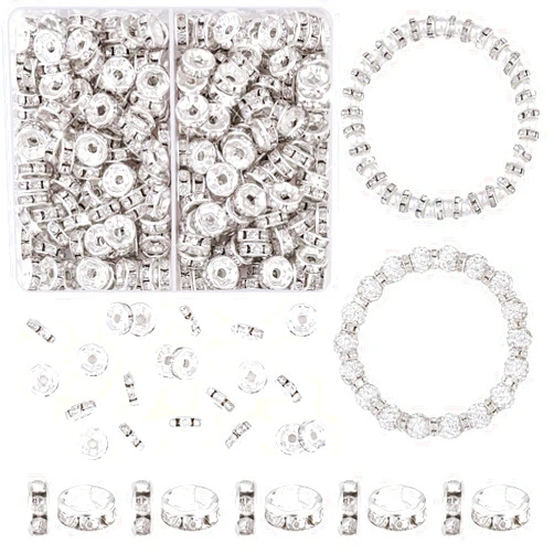 TINKRSTUFF 200 pcs 8mm Spacer Beads for Crafting, Silver Rondelle Spacer Beads Bulk, Fancy Sparkle Crystal Rhinestone Spacer Loose Beads for Necklace Bracelet Earring Jewelry Making and Pens DIY Dec