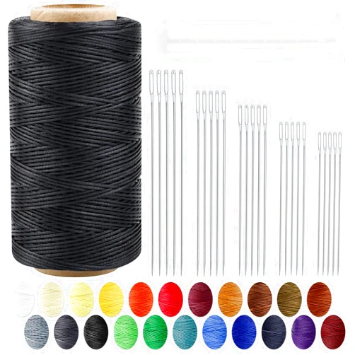 PLANTIONAL Leather Upholstery Sewing Waxed Thread: PLANTIONAL 218 Yards 210D Wax String Set with 25 Large Eye Hand Sewing Needles, Heavy Duty Sewing Kit for Car Sofa Leather Repair Craft