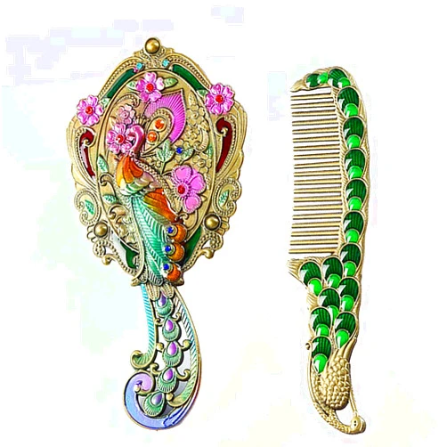 MULHUE Hand Held Mirror, Vintage Hand Mirror Peacock Flower Pattern Decorative Hand Mirror Metal Vanity Mirror Comb Set, Bronze