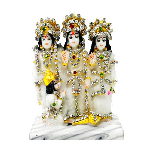 GLOOKS Ramdarbar Statue/Marble Dust Sita Ram, Lakshman and Hanuman Idol for Home (5.5 inch White with Nag Work)