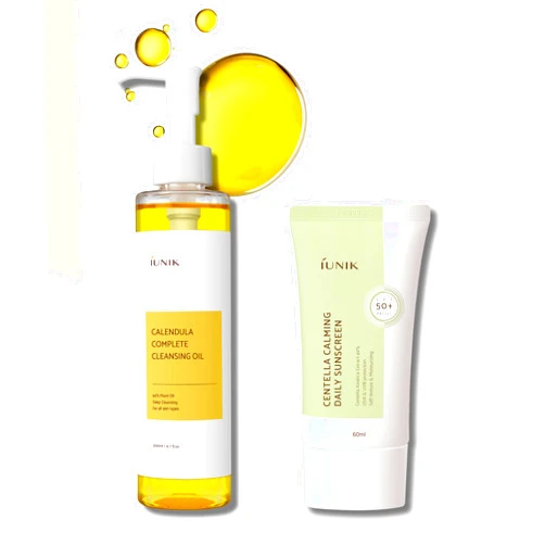 iUNIK Calendula Cleansing Oil & Centella Calming Sunscreen Set – Gentle Makeup Remover & SPF 50+ Sun Protection for Sensitive Skin – Hydrating, Soothing, Vegan K-Beauty Essentials All Skin Types