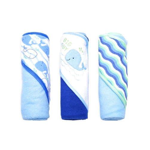 Buttons & Stitches Boy's 3-Pack Blue Whale Hooded Baby Towels, 26x30 Inches