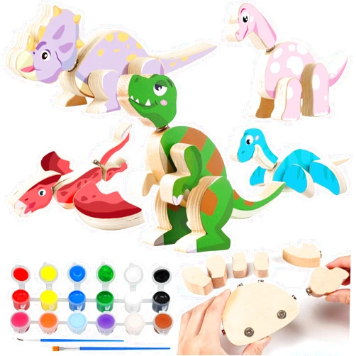 TYMGCHQ Dinosaur Building Block Set, Wooden Snap-Connection Dinosaur Toys for Kids 3-5, Building & Painting Dinosaur Craft Kit with Paints, 45pcs Kids Craft Paint Take Apart Dinosaur Toys for 3 4 5 Kids