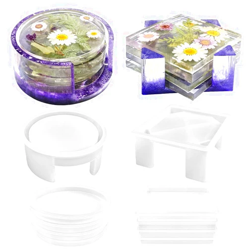 RESINWORLD Resin Coaster Molds Set, Upgrade 10 pcs Silicone Coaster Molds Kit Storage Box Mold for Resin Casting, Square Round Coaster Epoxy Resin Molds