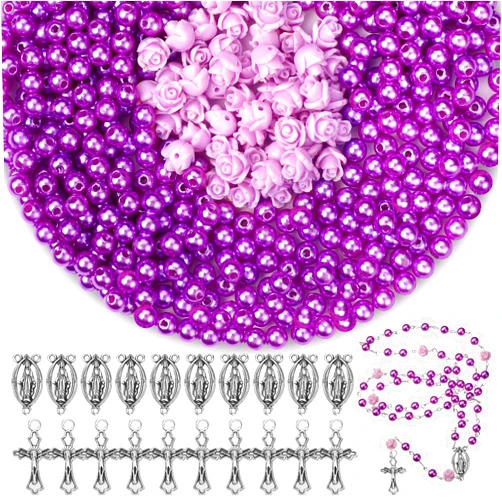 Yinkin 610 Pcs Rosary Pearl Beads Carved Rose Cross Centerpiece Crucifix Medal, Rosary Making Supplies Silver Jesus Maria Pendant for Bracelet Necklace Jewelry(Purple)