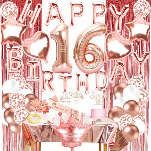 BFORHAP Sweet 16 Party Decorations, Rose gold 16th Birthday Decorations for Girls, Happy Birthday Banner, Curtains, Cake Topper, Bday Sash and Crown, Balloons for Her Sixteen Years Birthday