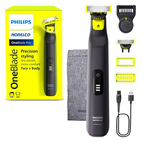Norelco Philips OneBlade Pro 360 Face + Body, Electric Shaver, Beard Trimmer and Body Groomer, with 360 Blade Technology, 14-Length Precision Comb, Body Kit, Soft Pouch, Model QP6542/70