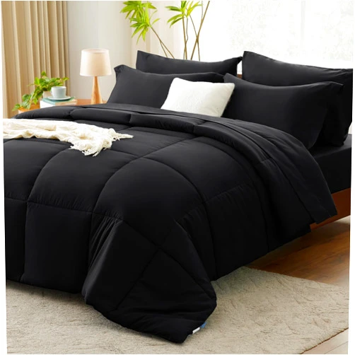 CozyLux Queen Comforter Set - 7 Pieces Bed in a Bag Set Black Queen, Complete Bedding Sets Bed Set for All Season with Comforter, Flat Sheets, Fitted Sheet, Pillowcases & Shams