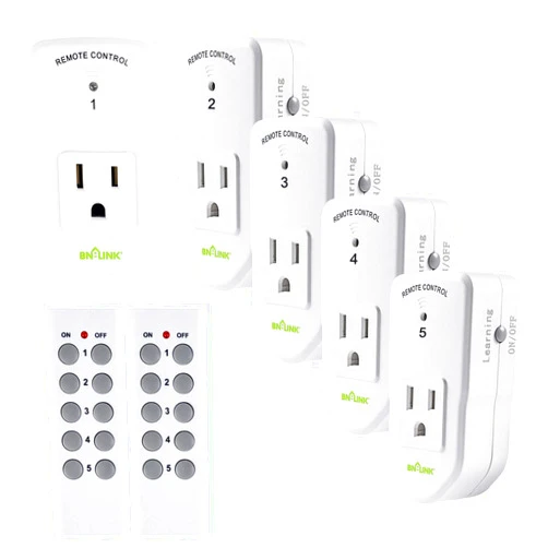BN-LINK Wireless Remote Control Electrical Outlet Switch for Lights, Fans, Christmas Lights, Small Appliance, Long Range White (Learning Code, 5Rx-2Tx) 1200W/10A