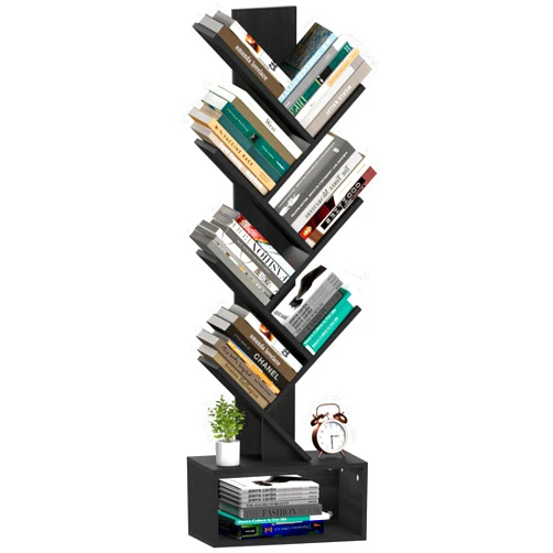 Yoobure Tree Bookshelf - 6 Shelf Retro Floor Standing Bookcase, Tall Wood Book Storage Rack for CDs/Movies, Utility Book Organizer Shelves for Bedroom, Living Room, Home Office, Black