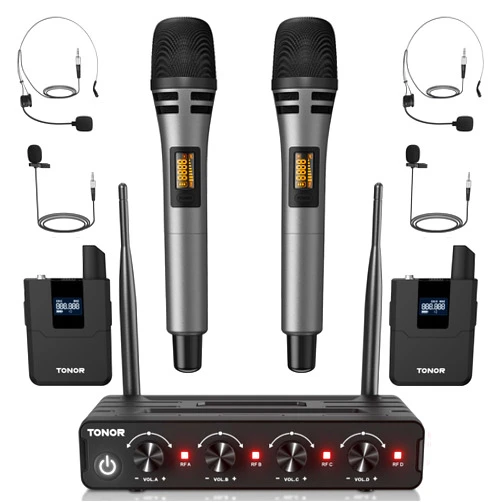 TONOR Wireless Microphone System, 4 * 10-Channel UHF Cordless Handheld Mic Set with Headset/Lavalier Lapel Mics, Bodypack Transmitter, Receiver, 200ft Range for Karaoke Singing Church DJ PA Speaker