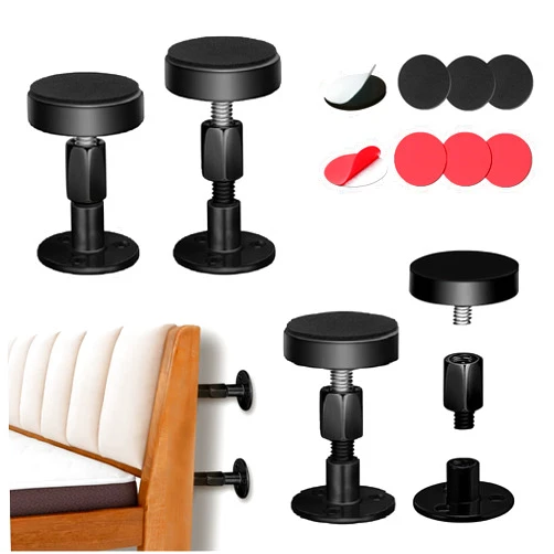 SOLIPECT 4PC Black Headboard Stoppers for Wall，Adjustable Bed Frame Anti-Shake Tool, Stop Headboard Movement, Protect Walls, Easy to Install(30-112mm)