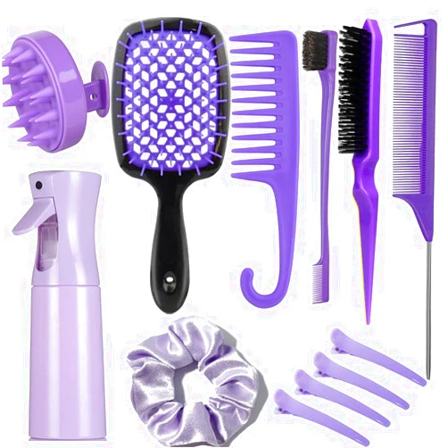 SUPHOUSE 12 Pcs Hair Brush Set for Women, Spray Bottle, 3 Pieces Slick Back Hair Brushes for Toddlers, Soft Scalp Massager, Detangling Hairbrush for Wet Dry Curly Hair Detangling, Wide Tooth Combs (purple)