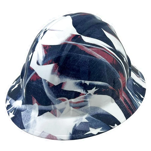 Texas America Safety Company Full Brim Hydro Dipped Patriotic Design Hard Hat with 4 Point Ratchet Suspension and Tote