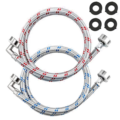Beaquicy 4FT Stainless Steel Washer Hoses with 90 Degree Elbows by Beaquicy - 2 Pack No-Lead Burst Proof Hot & Cold Water Connection Inlet Washer Supply Lines