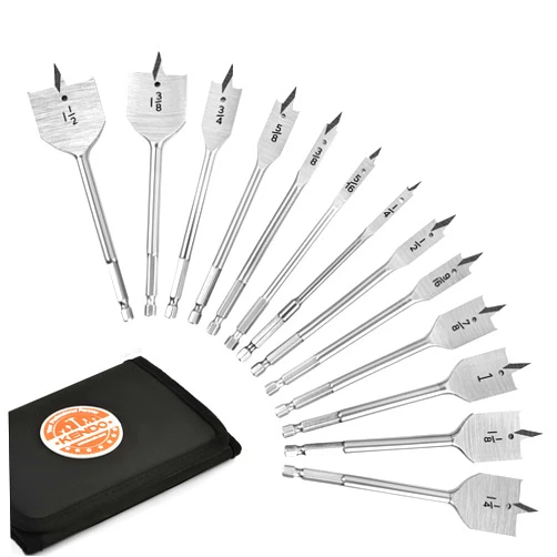 KENDO 13-Piece Spade Drill Bit Sets, Alloy Steel Paddle Flat Bit with Quick Change Shank, Flat Wood Hole Cutter Fit for Woodworking, Assorted Bits with Nylon Storage Pouch, 1/4