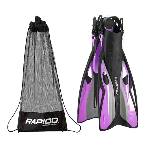 Phantom Aquatics Rapido Boutique Collection Flipper Open Heel Adjustable Snorkel Fin with Snorkeling Gear Carry Bag, Lilac, ML/XL
