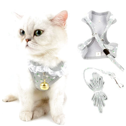 SMALLLEE_LUCKY_STORE Universal Cat and Small Dog Harness and Leash Set with Bell Floral Print Lace Collar No Pull Cute Girl Vest Harness Escape Proof Adjustable Puppy Kitten Clothes,Grey L
