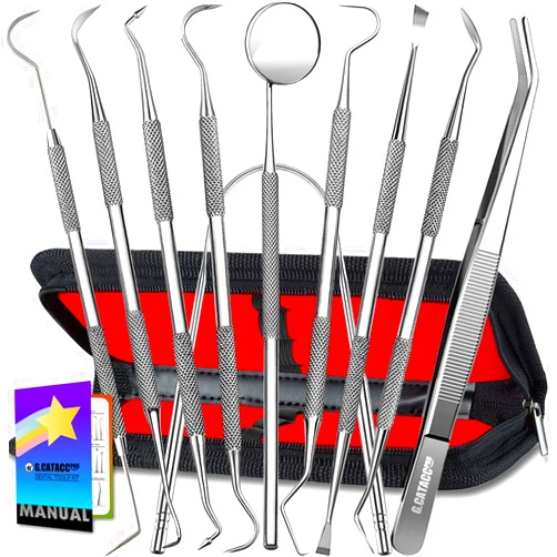 G.CATACC Dental Tools, 10 Pack Professional Plaque Remover for Teeth Cleaning Tools Set, Stainless Steel Dental Hygiene Kit with Dental Picks, Tartar Scraper, Tooth Scraper, Tongue Scraper- with Case