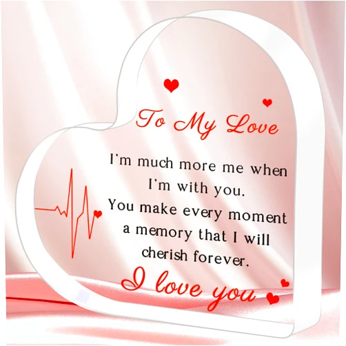 Ilifemate Valentines Day Gifts for Him/Her - Engraved Acrylic Heart Sign, 4 x 4 x 0.4 inches, Red, Love Decor, Sentimental Gift for Boyfriend, Girlfriend, Husband, Wife