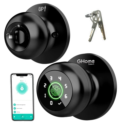 GHome Smart Fingerprint Door Lock, 4 in 1 Smart Fingerprint Door Knob with Keypad, App Control, Auto Lock, Biometric Door Knob with Lock for Bedroom, Apartment, Garage, Home & Office