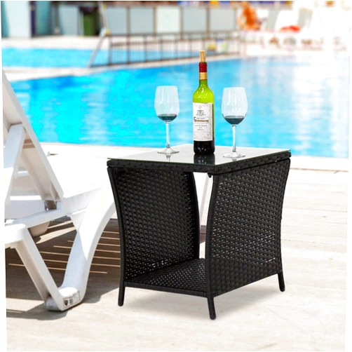 Kinsunny Square Glass Top Wicker Coffee Table, Outdoor Side Tables with Storage, Patio Furniture Patio Coffee Bistro Table PE Rattan Wicker Side Table w/Glass Top Indoor Outdoor, Black