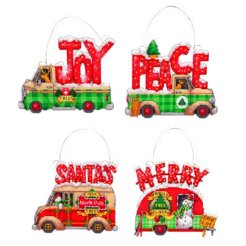 Dimensions Holiday Truck Christmas Ornaments Counted Cross Stitch Kit for Beginners, 14 Count Plastic Canvas, 4pc