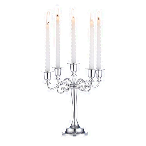 Sziqiqi Candelabra Candlestick Holder for Taper Candles for Wedding Event Candle Centerpiece Home Holiday Decoration, Zinc Alloy 5-stem 10.6in, Silver Finish