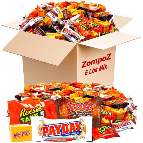 ZompoZ Chocolate Candy Bulk Mix, 6 Lbs Assorted Individually Wrapped Chocolate Bars, Caramel Lovers Candy Variety Party Pack Snack Size Chocolate Bars, Payday, Rolos, Milk Duds and ReesesTake 5