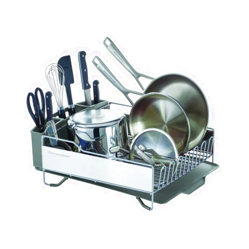 KitchenAid Large Capacity Full Size Rust Resistant Dish Rack with Angled Drain Board and Removable Flatware Caddy, Light Grey