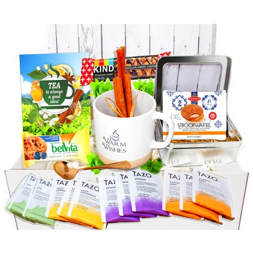 Zelica Perfect TEA LOVERS gift for women/men, mother's day mom gift, Tazo tea bags, Mug, Cookies, Honey, cinnamon, GET WELL SOON gift, thinking of you or thank you care package gift basket