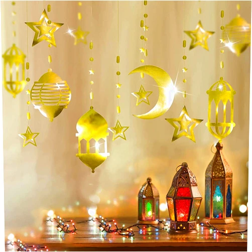 Yilzo Shining Star Moon Lantern Ramadan Hanging Ornament Kit Ramadan Party Banner Ramadan Shining Streamer Ramadan Decoration Party Supply Favor 8pcs (Gold)