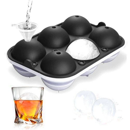 TINANA Ice Ball Maker, TINANA Reusable 2.5 Inch Ice Cube Trays, Easy Release Silicone Round Ice Sphere Tray with Lids & Funnel for Whiskey, Cocktails & Bourbon Black