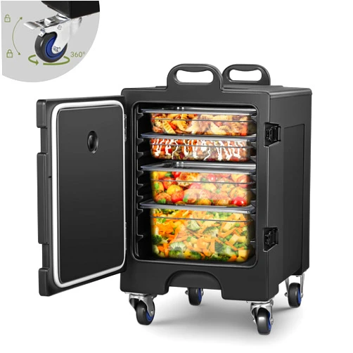 FOHERE Catering Food Warmer, 82Qt Front Loading Hot Box for Catering, LLDPE Insulated Food Pan Carrier for 5 Full-Size Pan, w/Wheels, Stackable, Handles, Hot Box Food Warmer Ideal for Canteen, Restaurant