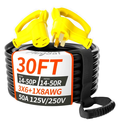 PlugSaf 30 FT 50 Amp RV/EV Extension Cord Outdoor with Grip Handle, 4 Prong Flexible Heavy Duty 6/3+8/1 Gauge STW RV Power Cord Waterproof, NEMA 14-50P to 14-50R, Black-Yellow, ETL Listed