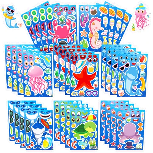 Jovial & Joyful 32 Sheets Sea Animals Make Your Own Stickers, Make a Face Sticker Sheets for Kids, Octonauts Birthday Party Supplies, Under the Sea Party Favors, Return Gifts for Birthday Party