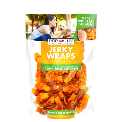 Pur Luv Dog Treats, Chicken & Sweet Potato Jerky Wraps, Made with Real Chicken, 16 Ounces, Rawhide Free, Healthy, Easily Digestible, Long Lasting, High Protein Dog Treat, Satisfies Dog's Urge to Chew