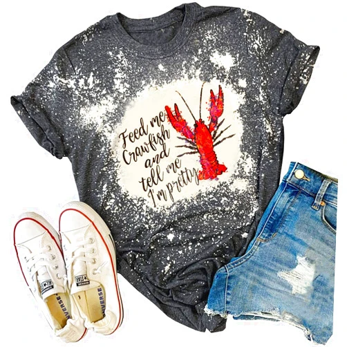 CHUNTIANRAN Feed Me Crawfish and Tell me I'm Pretty Shirts Funny Bleached T Shirts for Women Summer Vintage Graphic Tees Blouse Tops