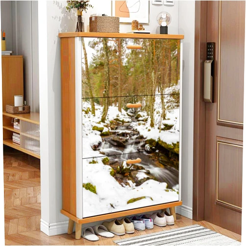GINGMGNGI 3 Drawer Shoe Cabinet, Artistic Shoe Cabinet, Snow Covered Mountain Stream Port Canencia de Madrid Wood Shoe Rack Organizer for Entryway Slim (31.5”W x 9.45”D 46”H)