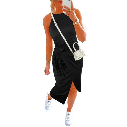 NOLLSOM Women Casual Sleeveless Striped Tank Midi Dresses Halter Neck Ruched Bodycon Dresses Tie Waist T Shirt Summer Dress