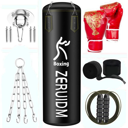 ZERUIDM Hanging Punching Bag for Adults Unfilled, 40IN PU Heavy Boxing Bag Set with 12OZ Boxing Gloves, Kickboxing Bag for MMA Karate Taekwondo Muay Thai Home Gym Training